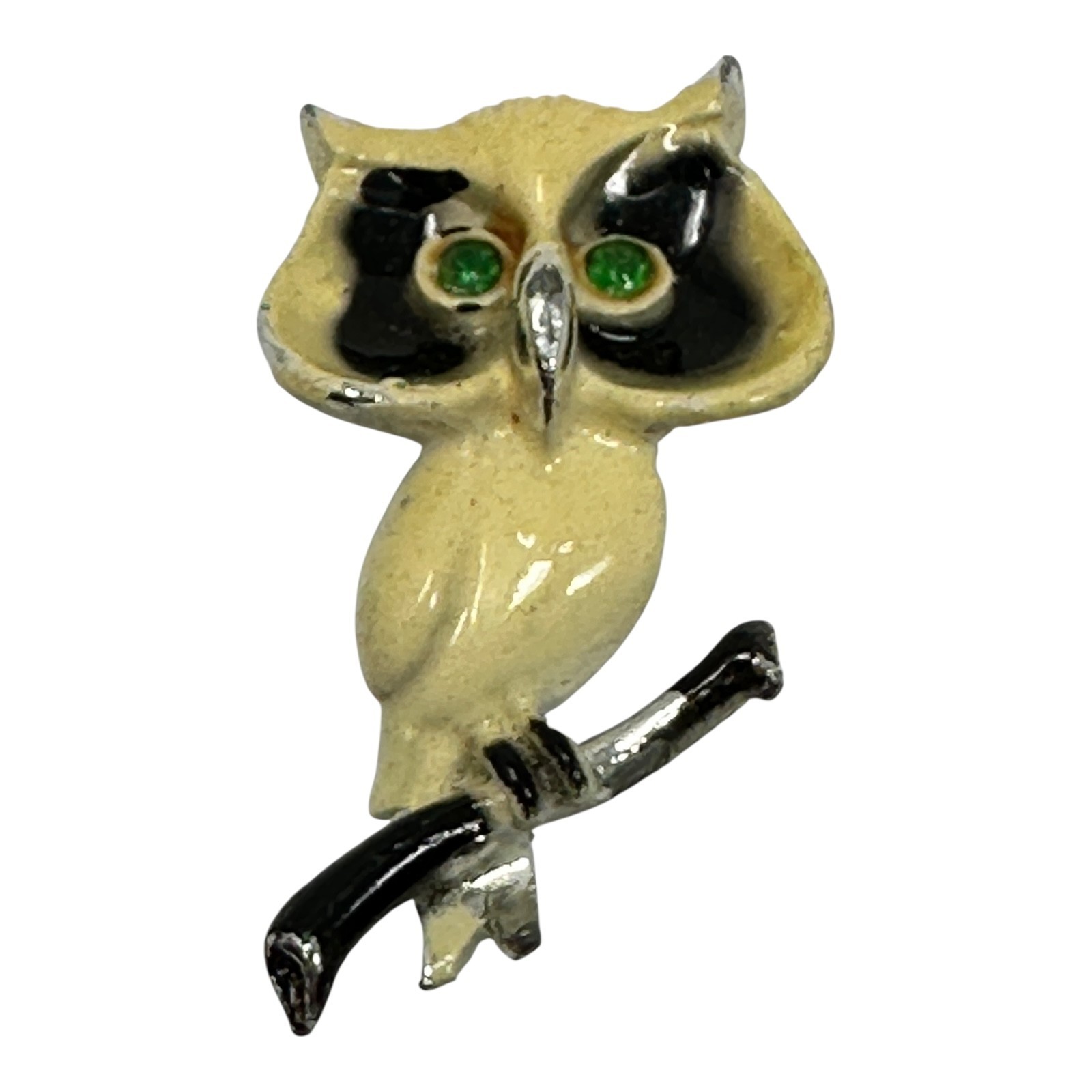 Vintage 1960s White Enamel Pin Owl Branch Brooch Green Rhinestone Eyes