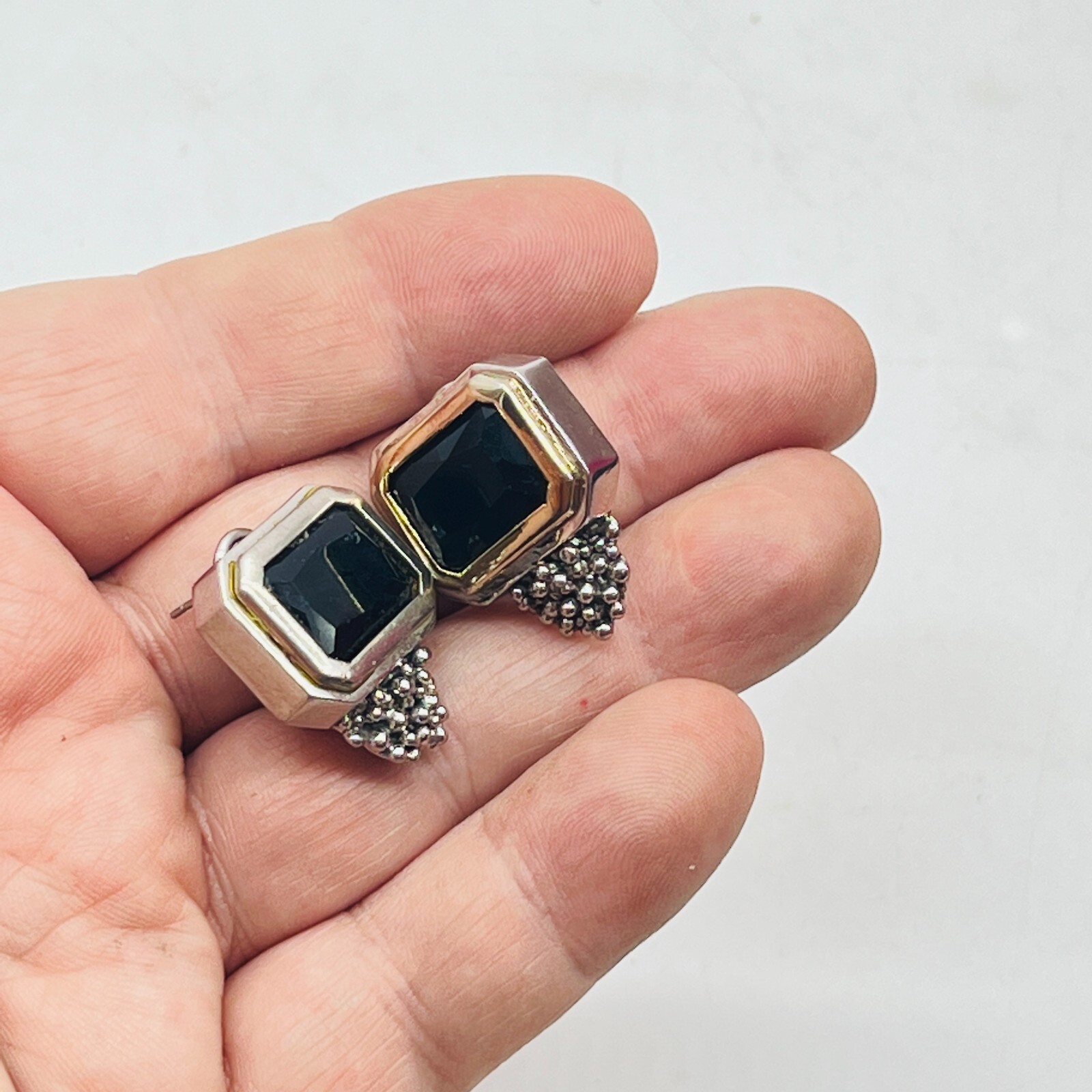 Vintage EXP Signed Silver Tone Earrings Black Stone Square Cut Grape Rectangle