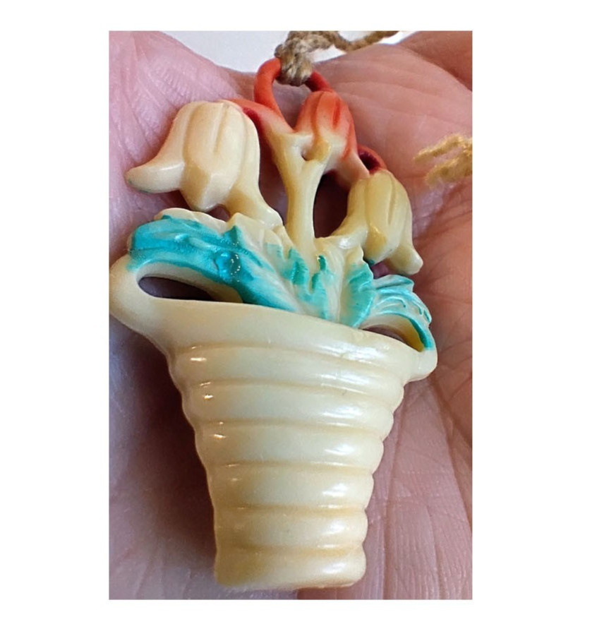 VTG 1930s Celluloid Hand-Painted 2″ Pendant Flower Basket Art Deco Necklace