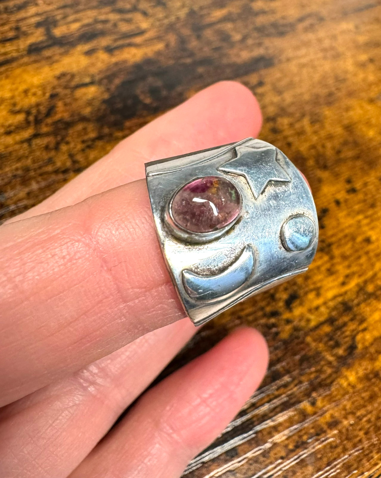 Vintage 925 Sterling Silver Wide Band Ring Pink Cabochon Star Sz 5.5