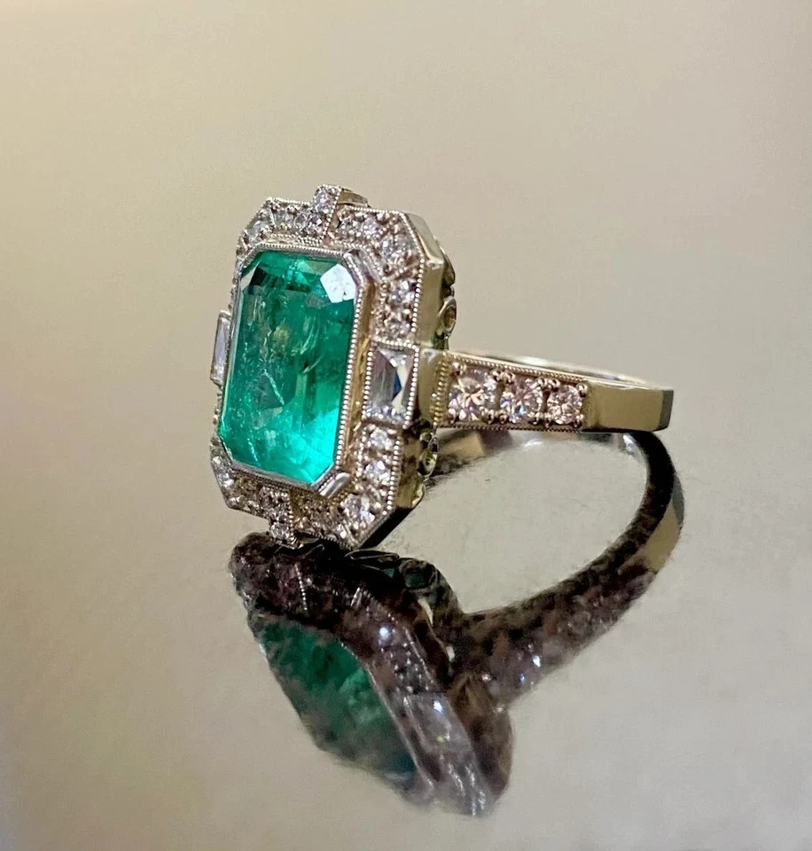 Vintage Art Deco Colombian Emerald Lab Diamond Engagement 14K White Gold FN Ring