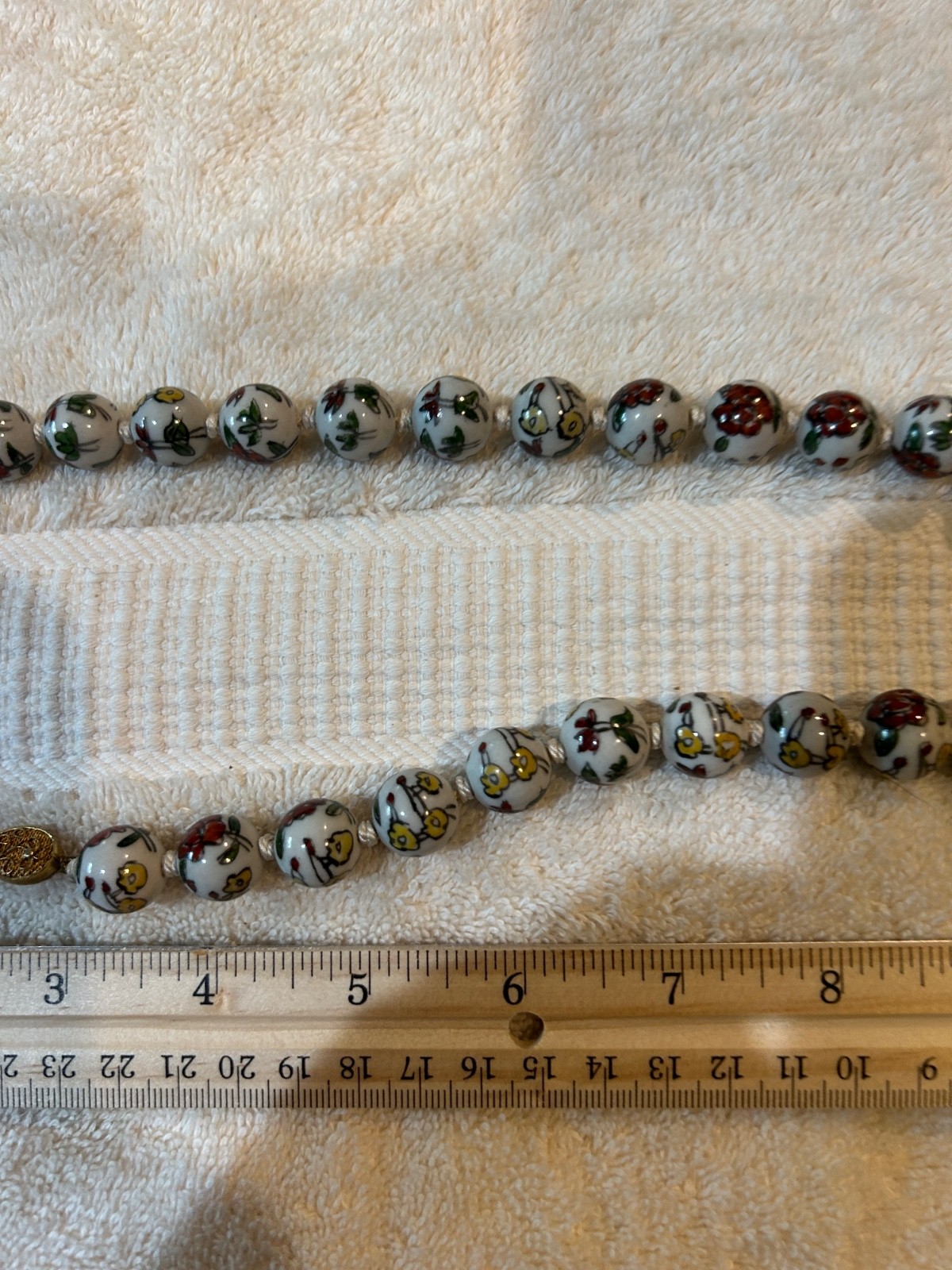 Vintage Cloisonné Enamel Beaded Necklace White Floral Hand Knotted