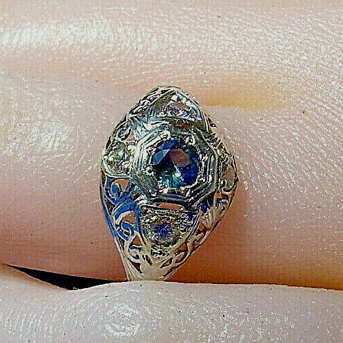 Original EARTH MINED SAPPHIRE DIAMOND Deco Engagement Ring Vintage Solitaire 14K