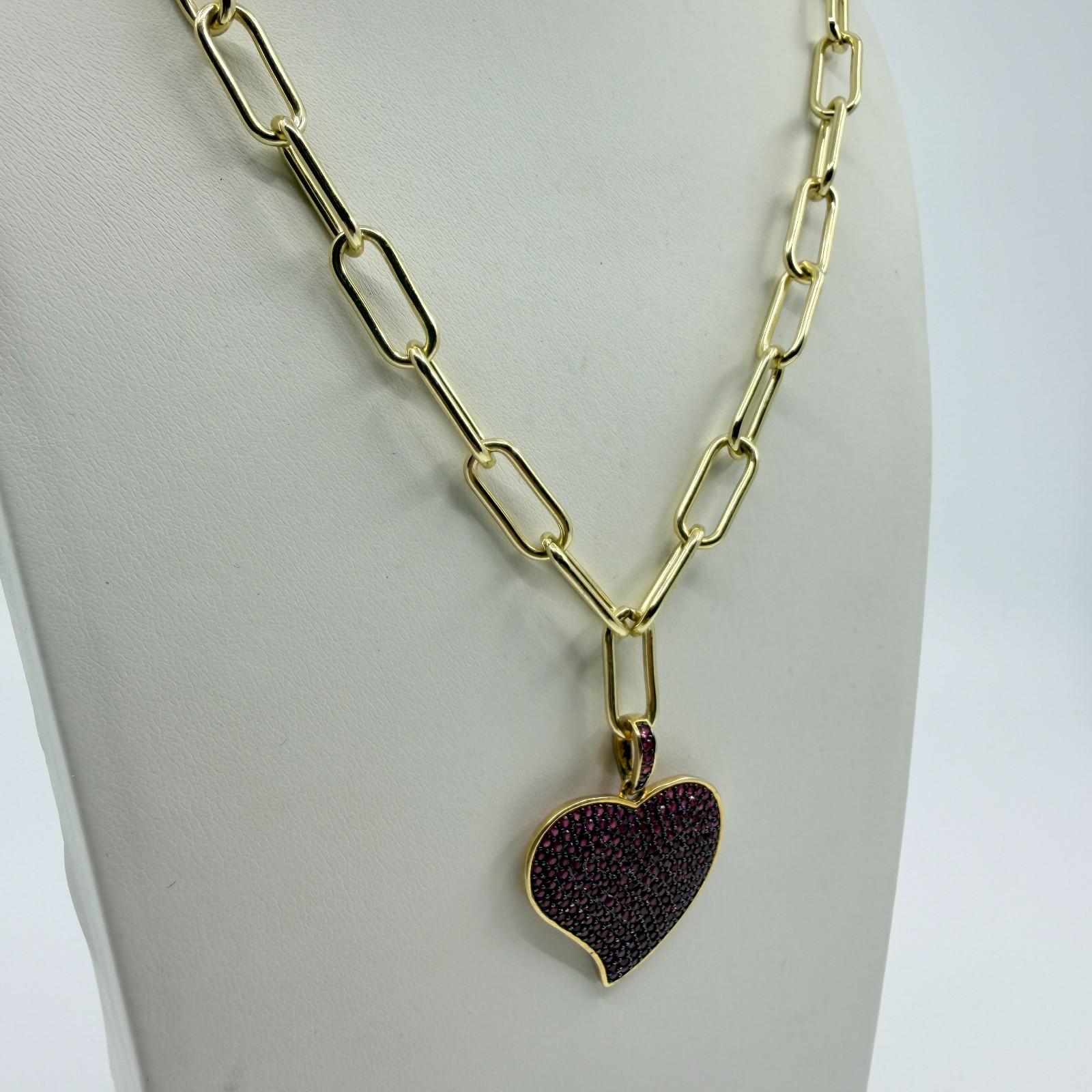Gold Tone Red Pave Rhinestone Heart Pendant Paperclip Chain Necklace Statement