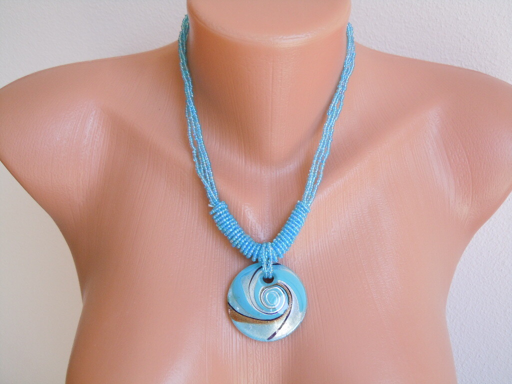 Necklace, Pendant Glass Rocailles Blue 47.8 G/Length Approximately 45.5-50 Cm
