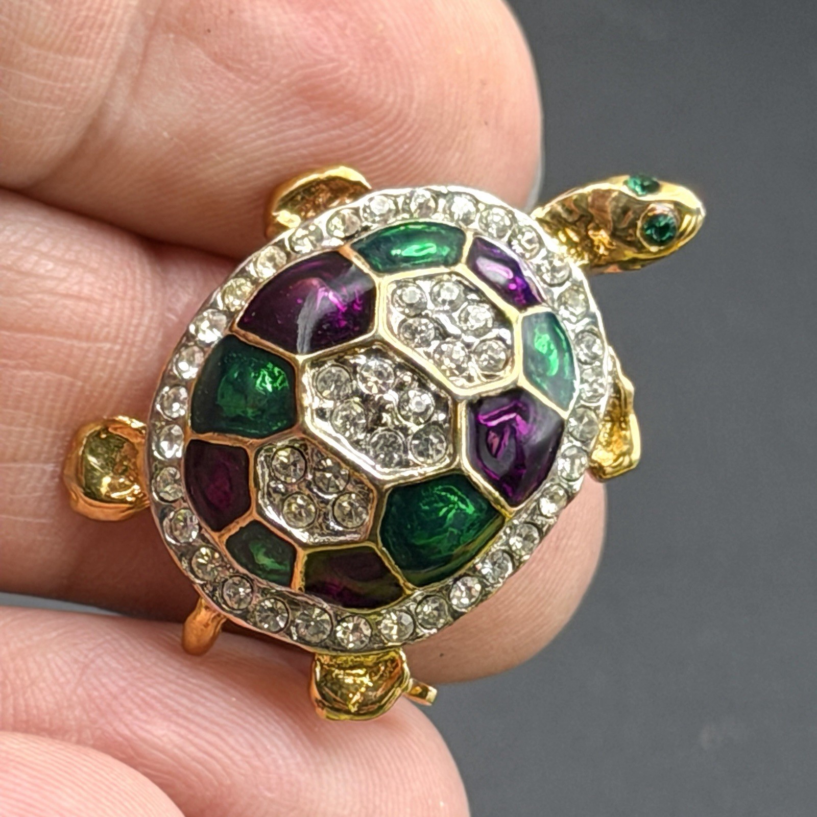CRYSTAL TURTLE Tortoise Brooch Pin Gold Green Purple VINTAGE Green Eyes