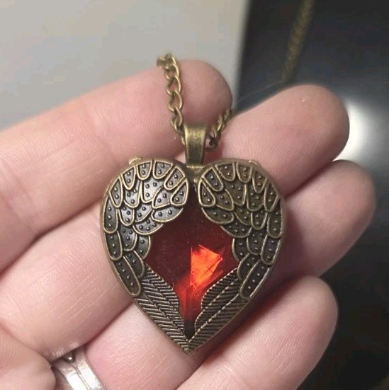 Antique Brass Metal Red Heart Winged Pendant Necklace, No Closure, 26″