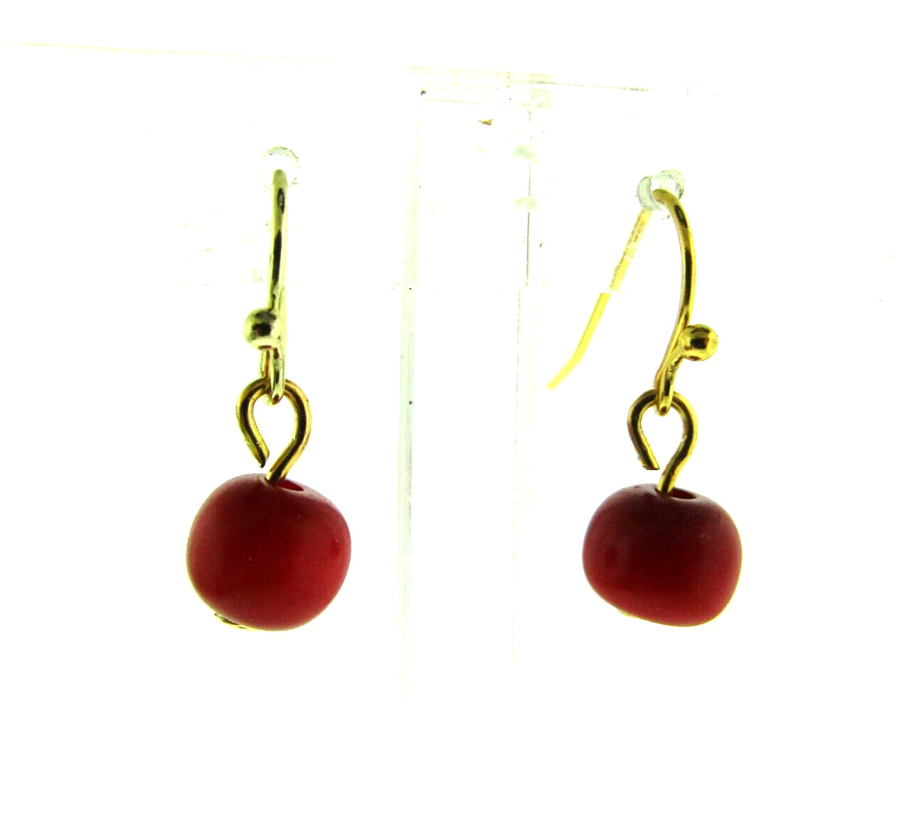 Vintage Genuine Red Coral Bead Dangle Earrings 925 Silver Plate 8mm .75 inch