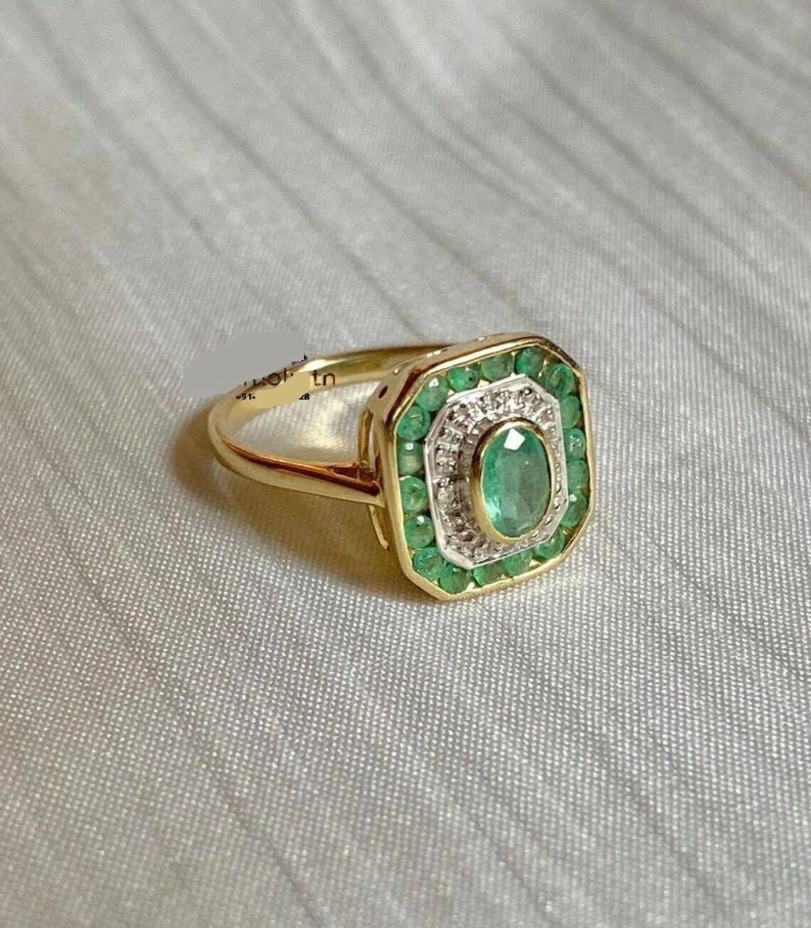 Art Deco 2CT Oval Cut Real Green Emerald Vintage Halo Ring 14K Two-Tone Gold FN