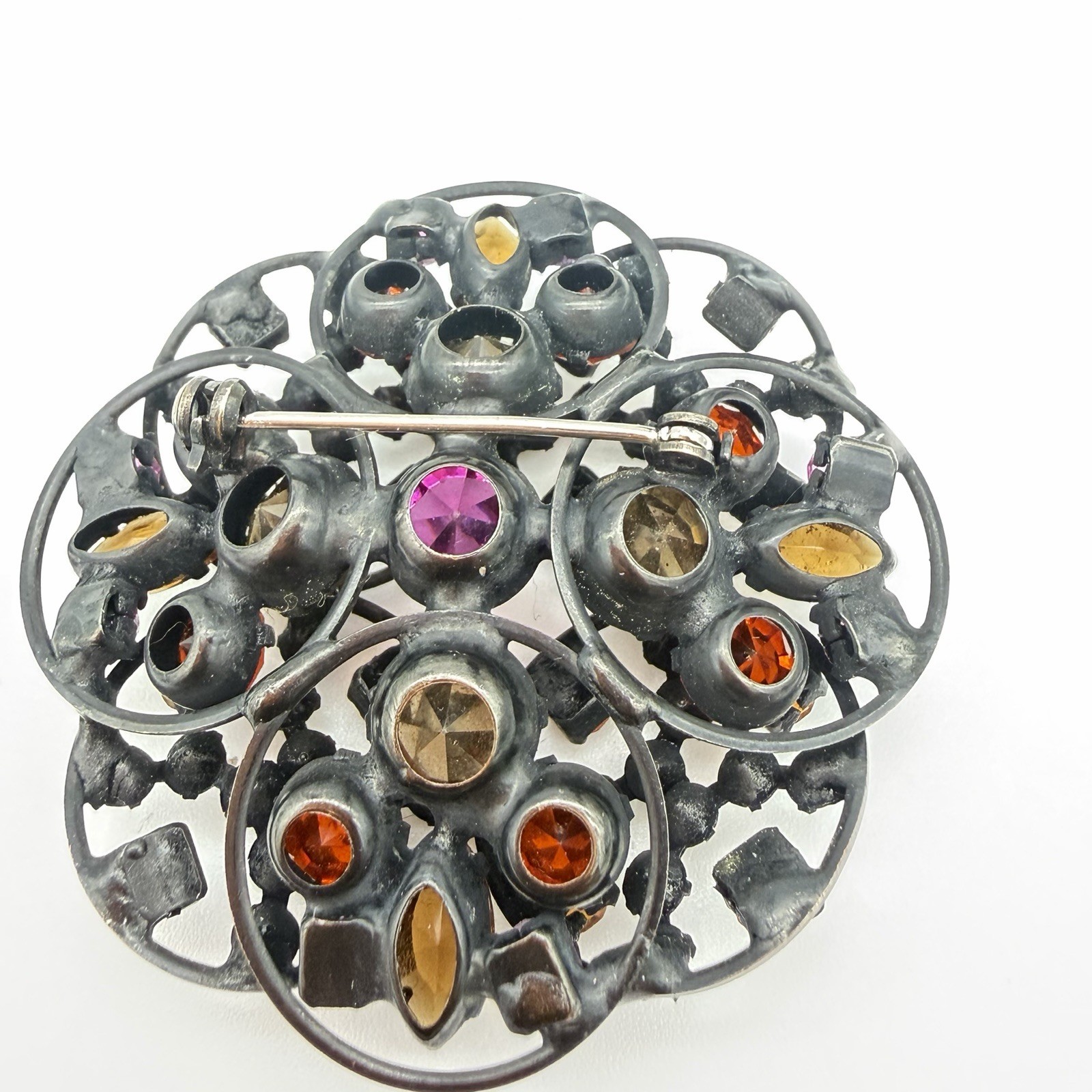 Vtg Unsigned Beauty Brooch Pin Fuchsia Rhinestone Japanned Layered Dome Open Bac