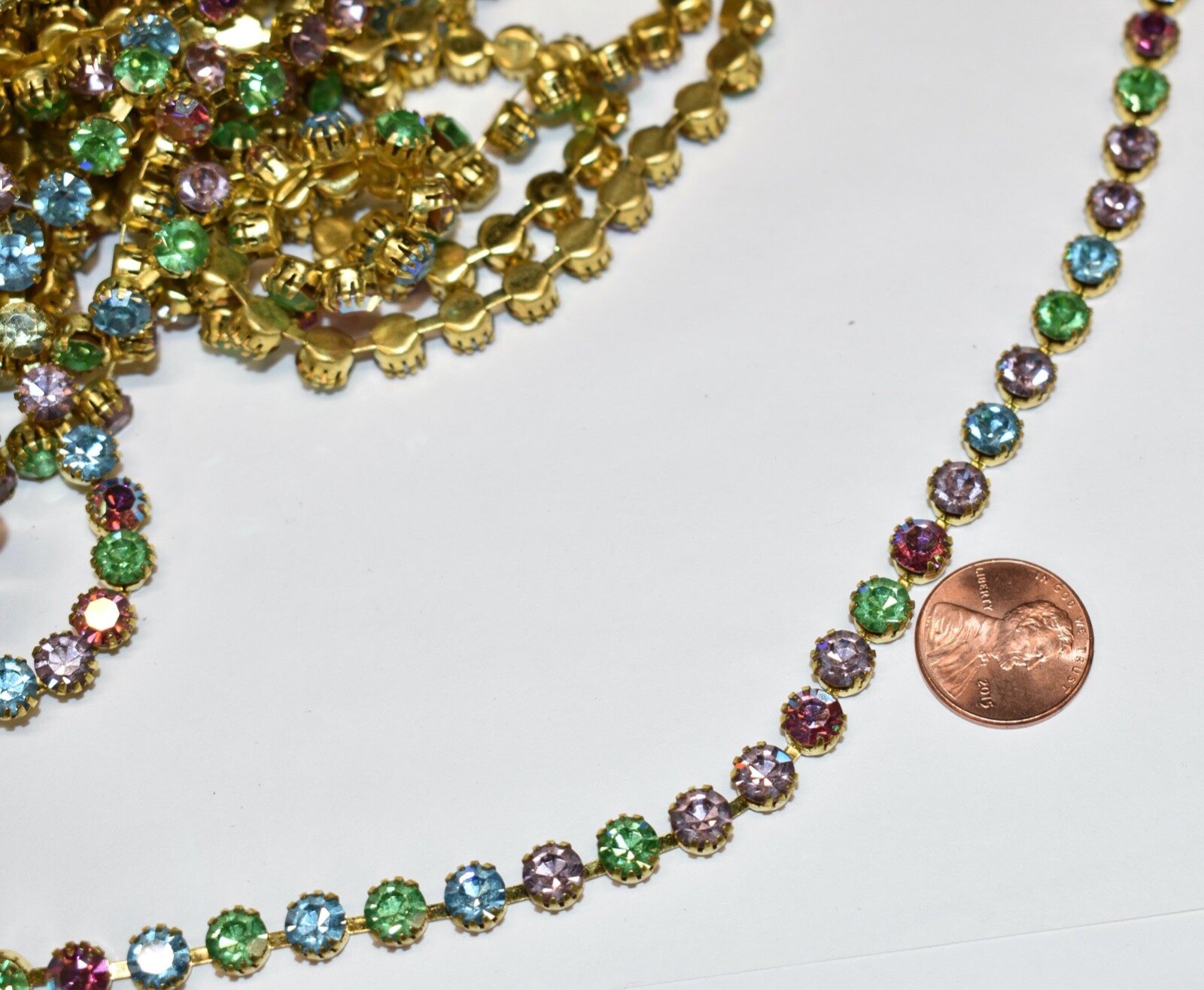 VINTAGE TIFFANY MULTI COLOR 6mm RHINESTONES * CHAIN TRIM * BRASS BY THE FOOT