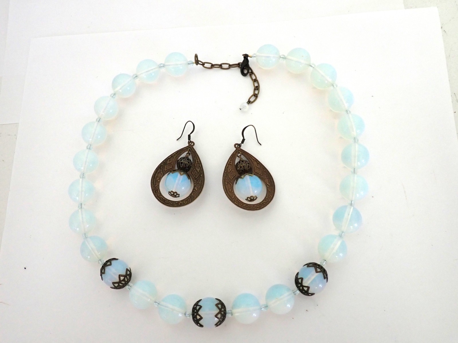 Vintage Light Blue Opaline Glass Bead Necklace Earrings Set Bohemian Deco Style