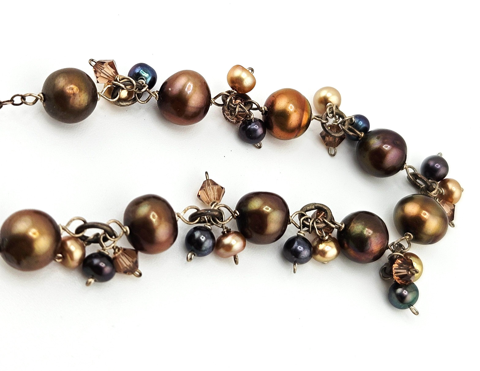 🌸 Vintage Sterling Silver Baroque Pearl Cluster Necklace – Brown/Gold/Black Pea