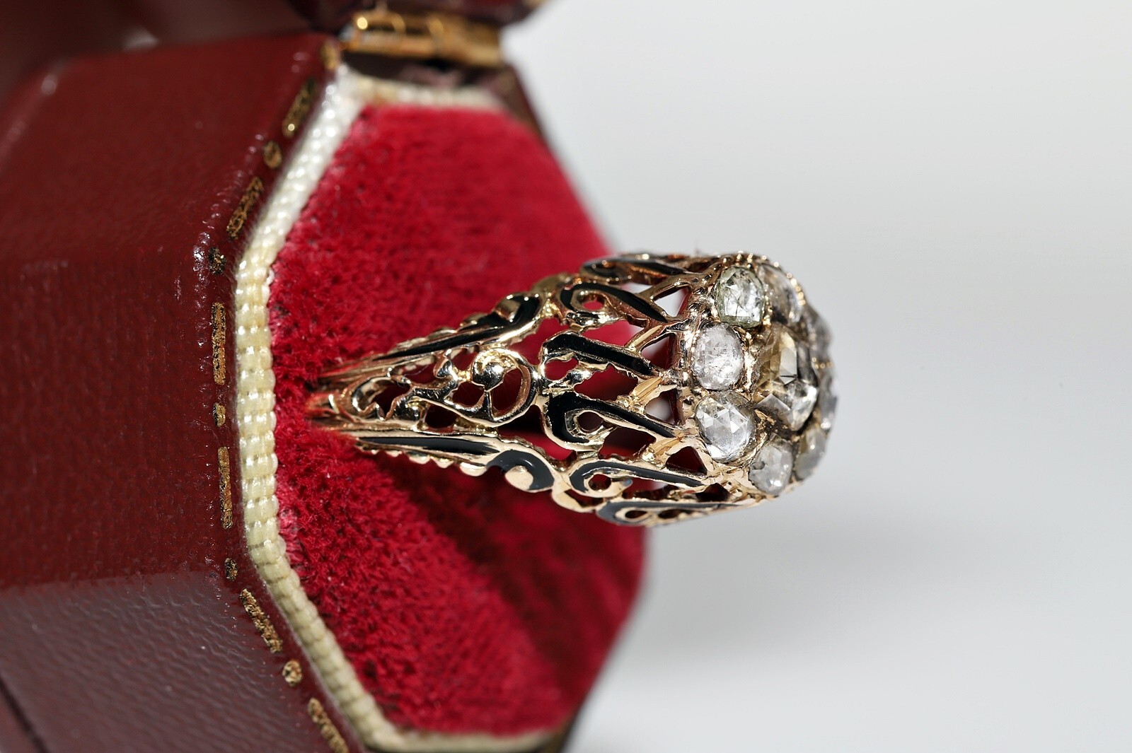Antique Ottoman Circa 1900s 14k Gold Natural Rose Cut Diamond Enamel Ring