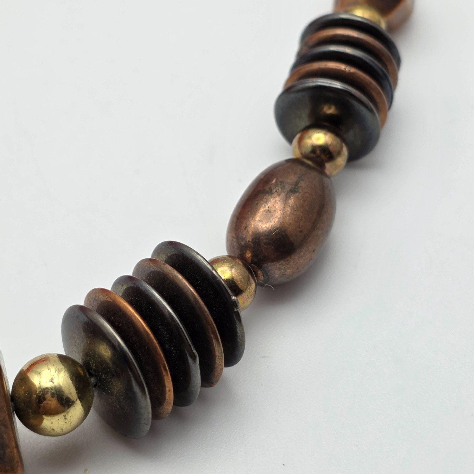 Vintage Art Deco Style 3-Tone Beaded Necklace Gold Silver Copper Geometric 21 in