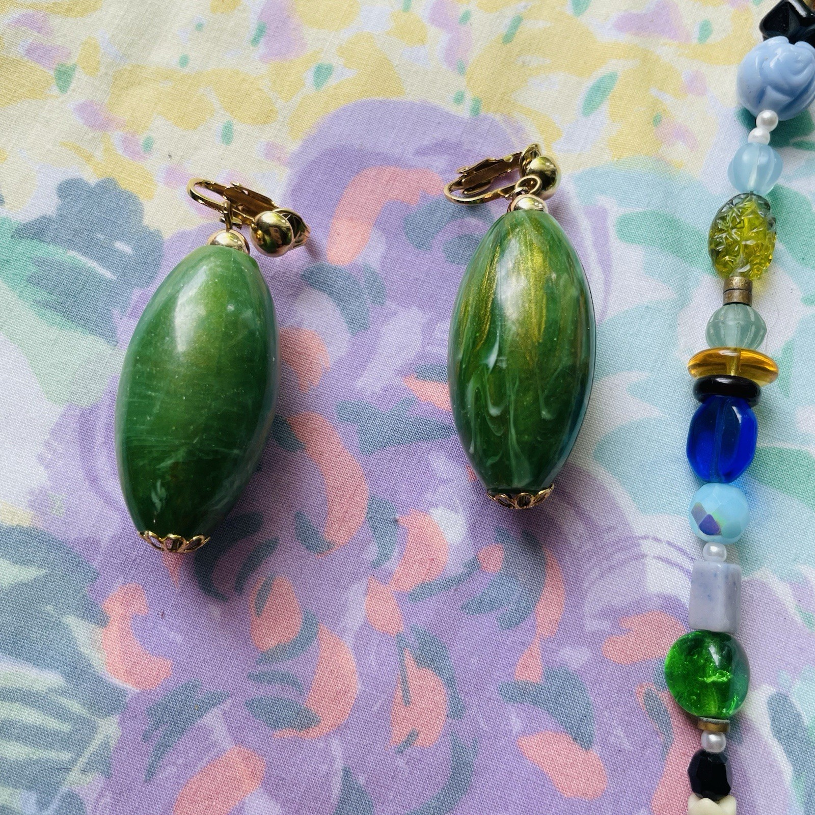 Vintage Lot Glass Art Bead Necklace Wooden Multicolor Bracelet Green Earrings