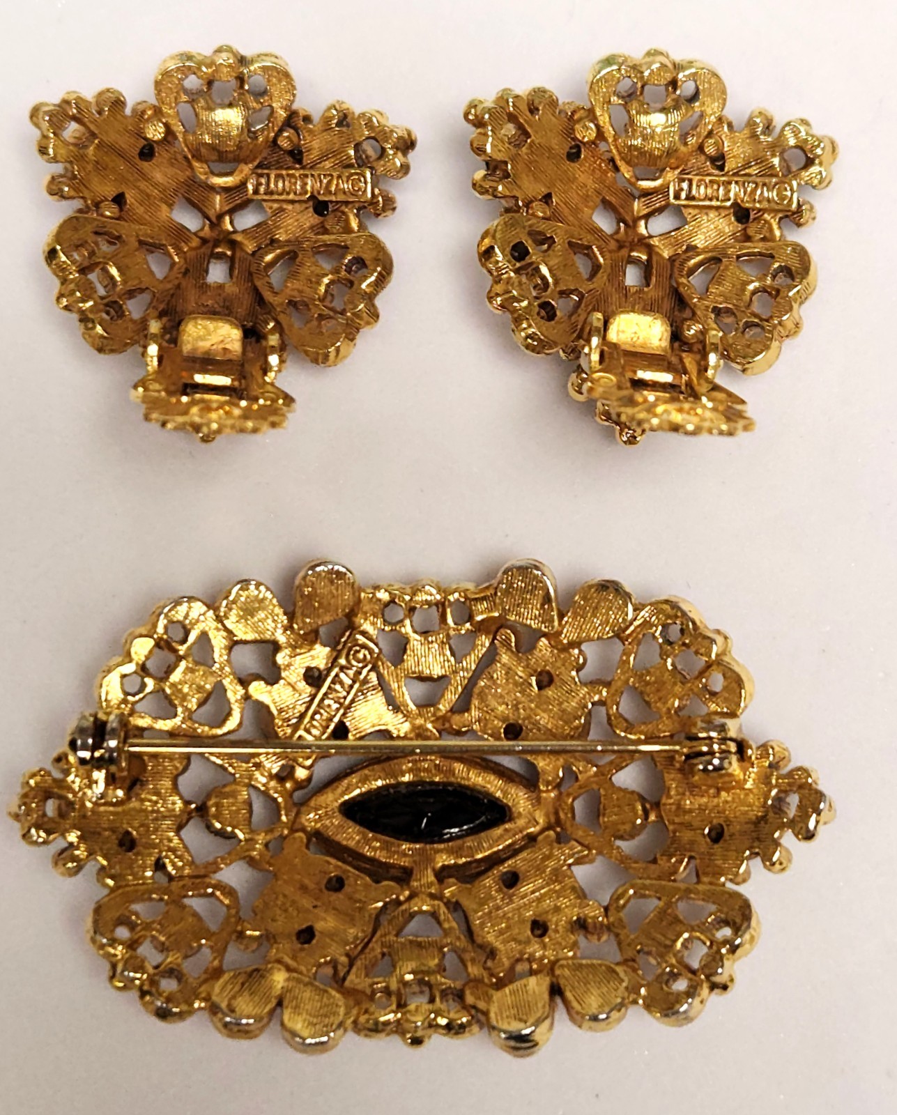 Vintage Signed Florenza Black Rhinestone Faux Pearl Clip Earrings Brooch Set