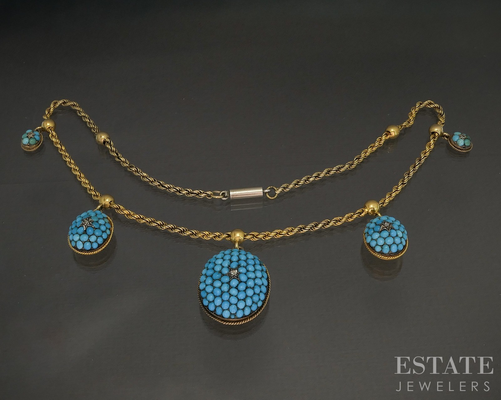Antique Victorian 20k Yellow Gold Turquoise & Diamond Necklace 30g 17″L p23058
