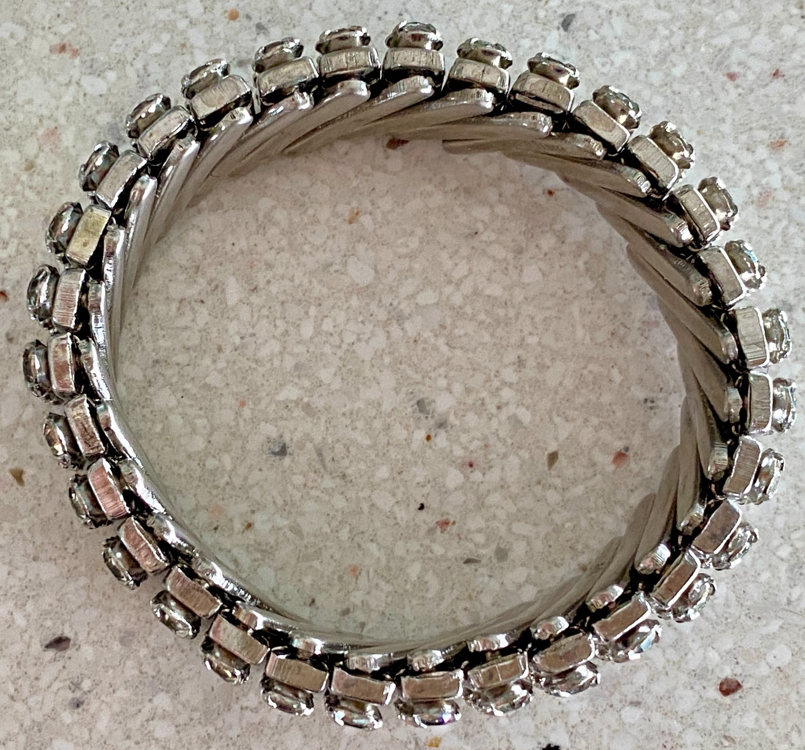 Vintage British Hong Kong Rhinestone Stretch Accordion Band Bracelet Silver Tone