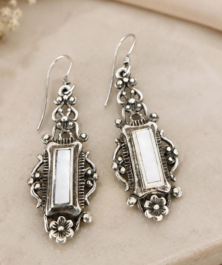 Art Deco Style Earrings Sterling Silver Mother of Pearl Estate Jewelry 5.6 Grams