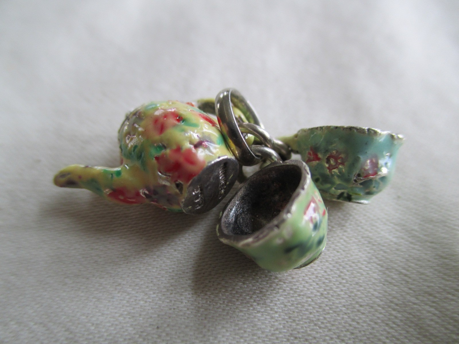 Vtg Sterling Charm Set of Floral Enamel Teapot Lid Lifts & Cups Brown County
