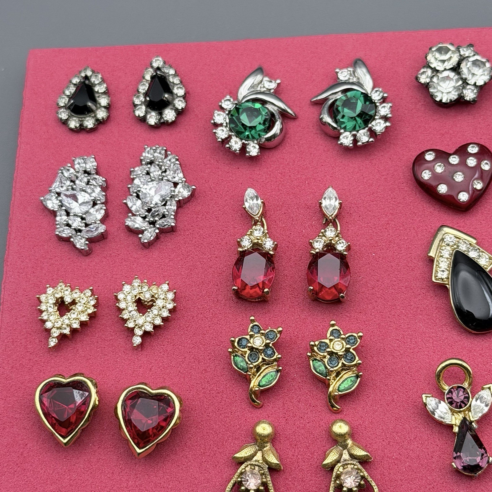 Vintage Small Rhinestone Post Earrings Lot Of 12 Floral Hearts Red Green Clear