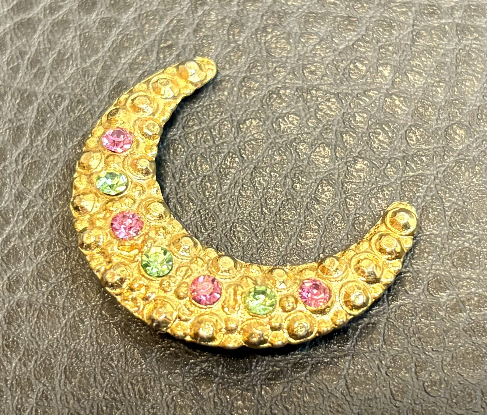 Vintage 80s Gold Tone Crescent Moon Pin Brooch Pink Green Rhinestones Celestial