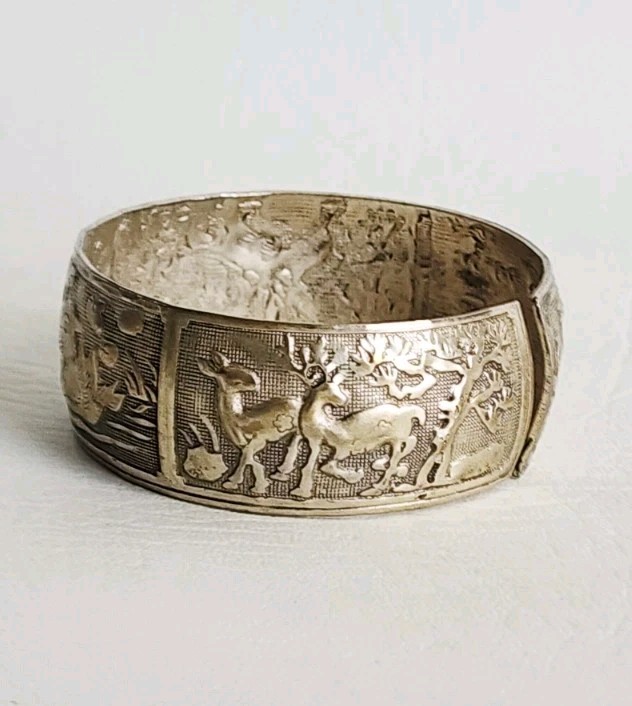 Miao Silver Tone Bangle with repoussé Depicting Birds and Deer In Nature Vintage