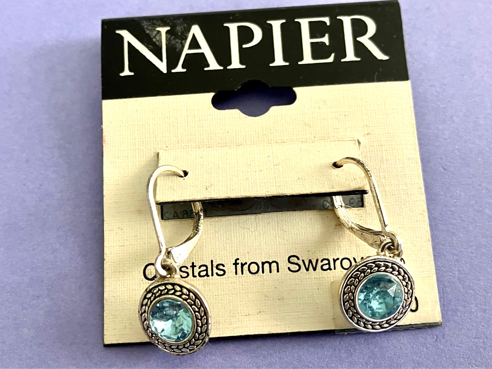 NAPIER Silver Tone Blue Swarovski Crystal Drop Pierced Earrings, NEW ON CARD
