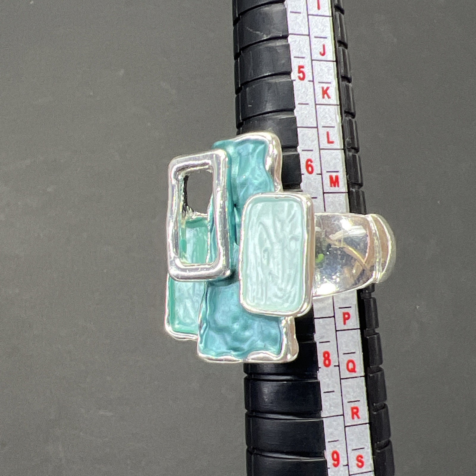 Turquoise Enamel Rectangle Stretch Ring Vintage Silver Tone Size 7+
