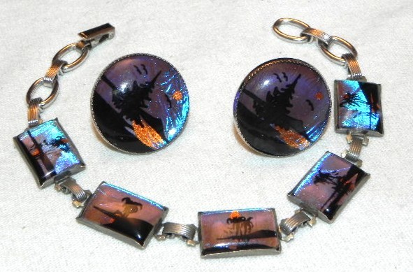 Vintage Hoffman Blue Morpho Butterfly Wing Bracelet w Earring Set Silver Tone