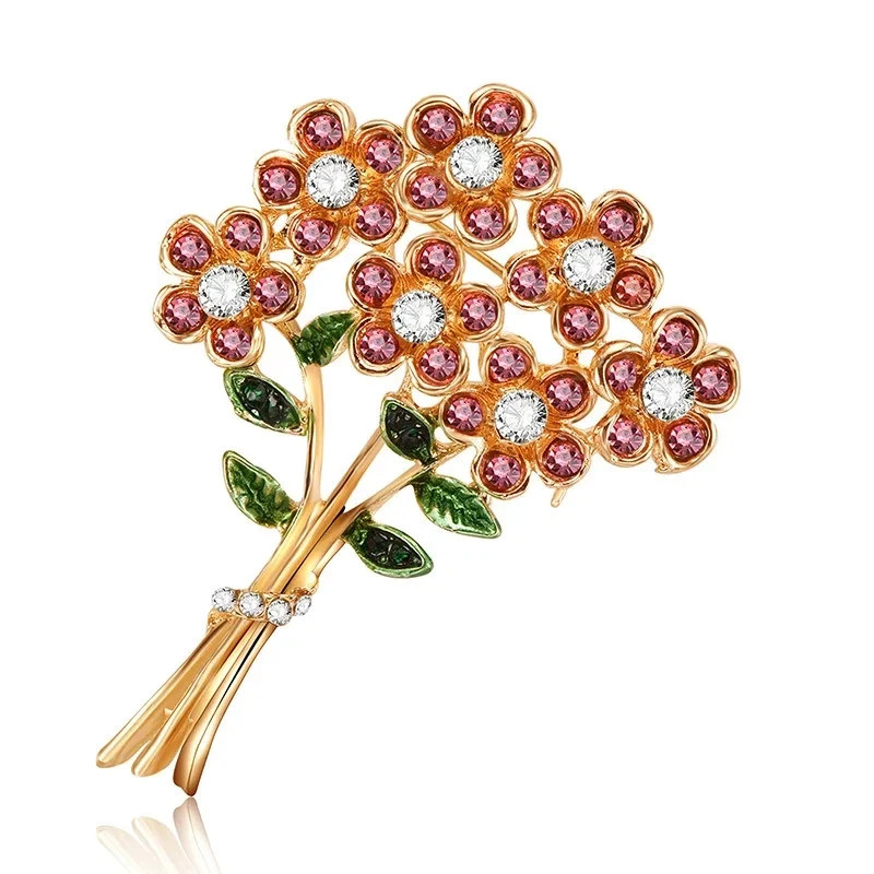 Women’s Pink Crystal Flower Bouquet Brooch Pin Gold Tone Rhinestone Floral Jewel