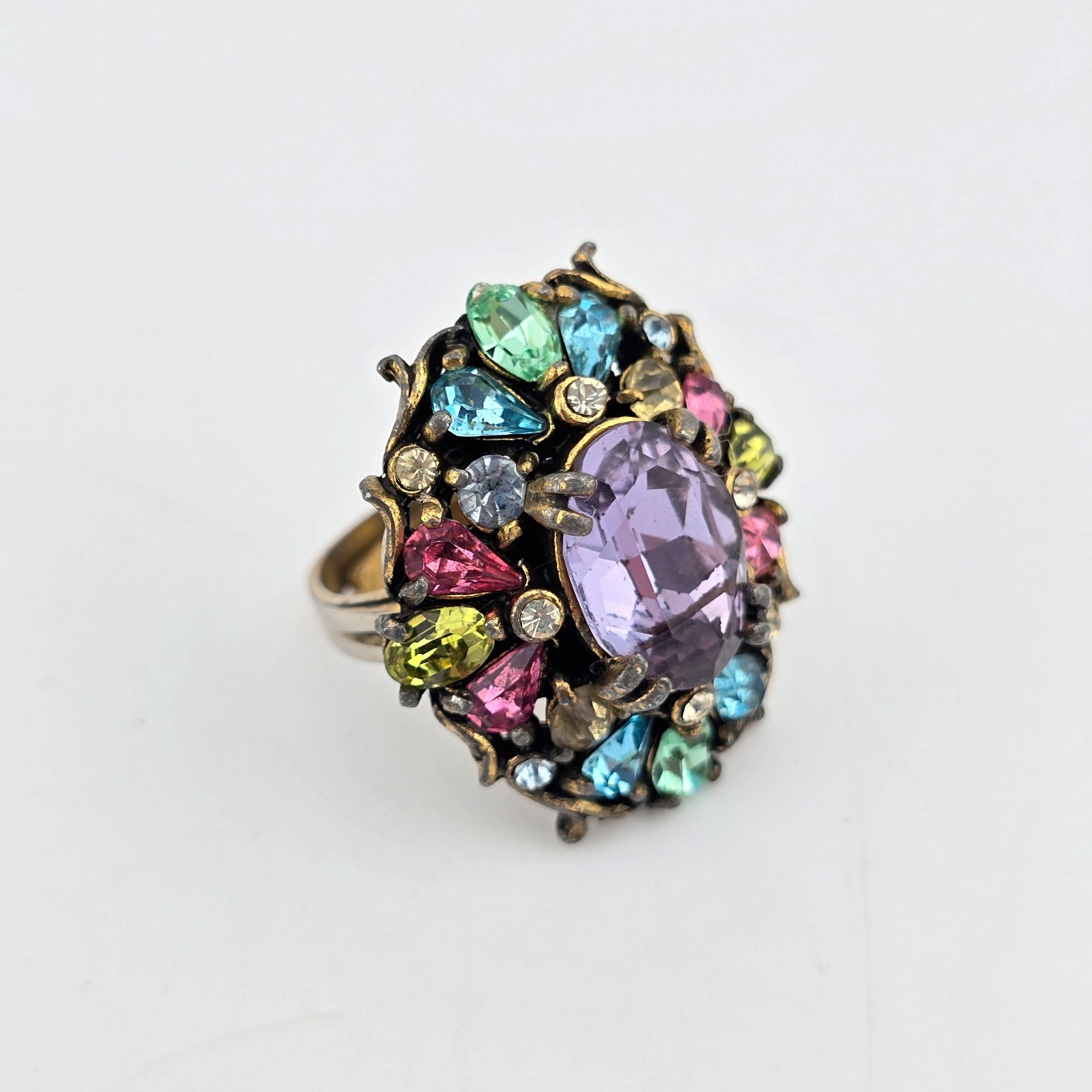 Vintage 1950 Hollycraft Multi Color Rhinestone Adjustable Statement Ring