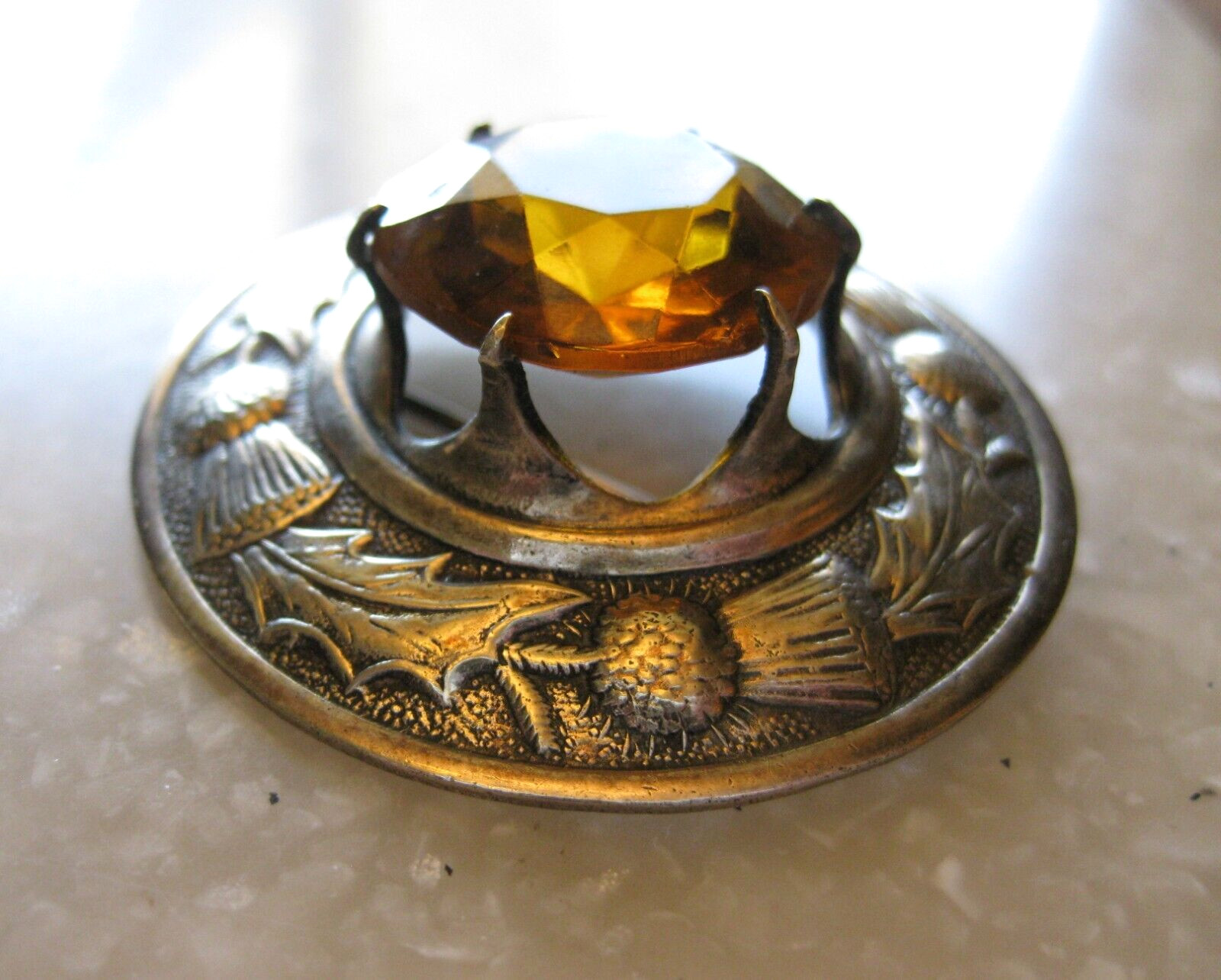 Antique Celtic Scottish Thistle Kilt Pin Brooch Citrine / Made in Great Britain