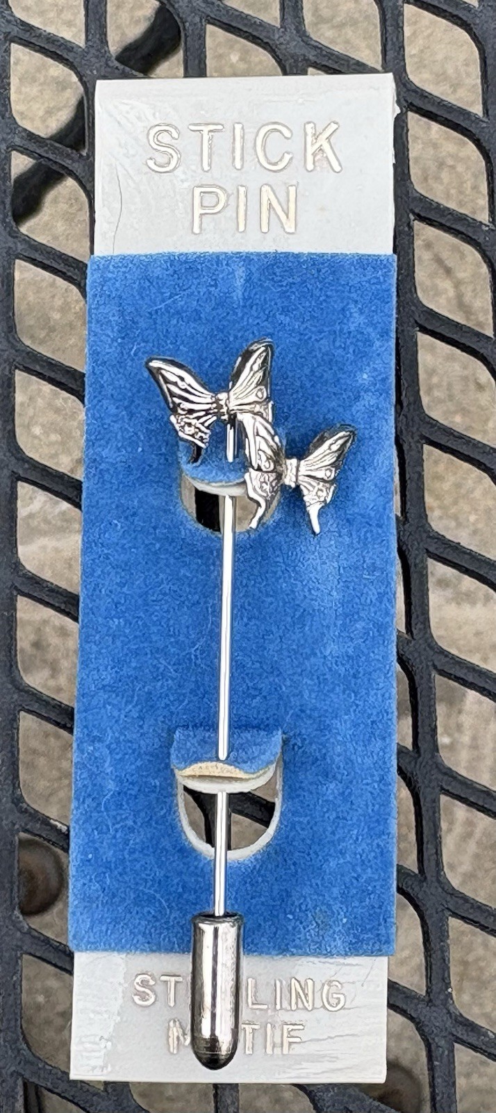 Vintage BUTTERFLY Stick Pin Sterling Motif On Original Card Unused 1980’s NOS