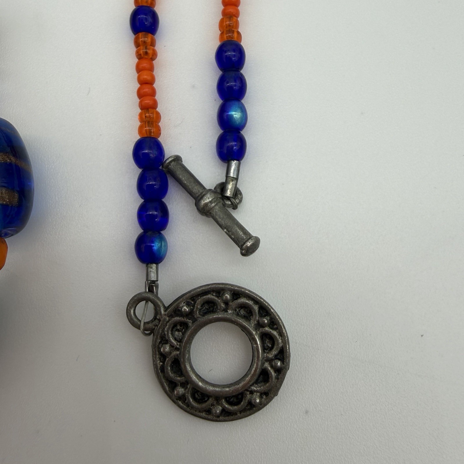 Vintage Wedding Cake Bead Necklace Lamp work Red Orange Cobalt Blue Glass