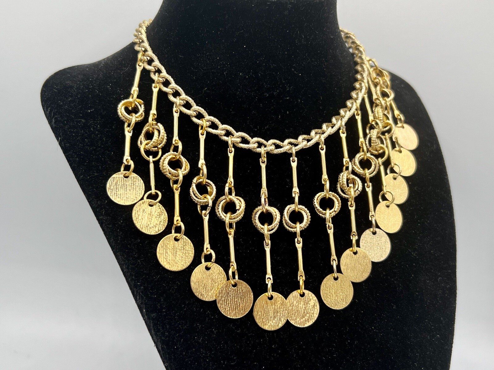 Vintage 1980s New Old Stock Gold Statement Necklace Choker Tribal Fringe