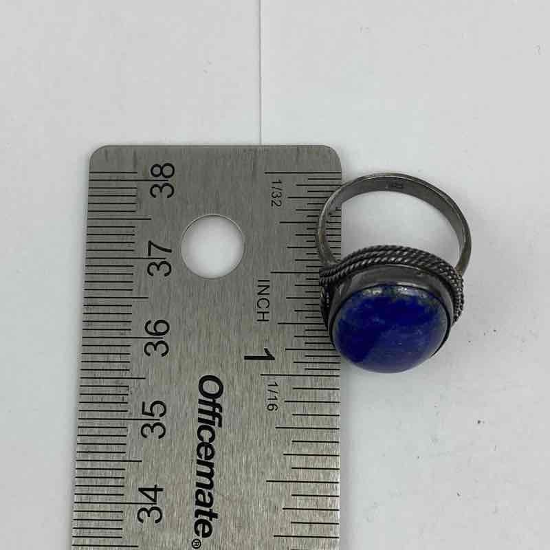 Sterling Silver 925 Oval Lapis Lazuli Cabochon Ring Rope Bezel Vintage Size 5.5