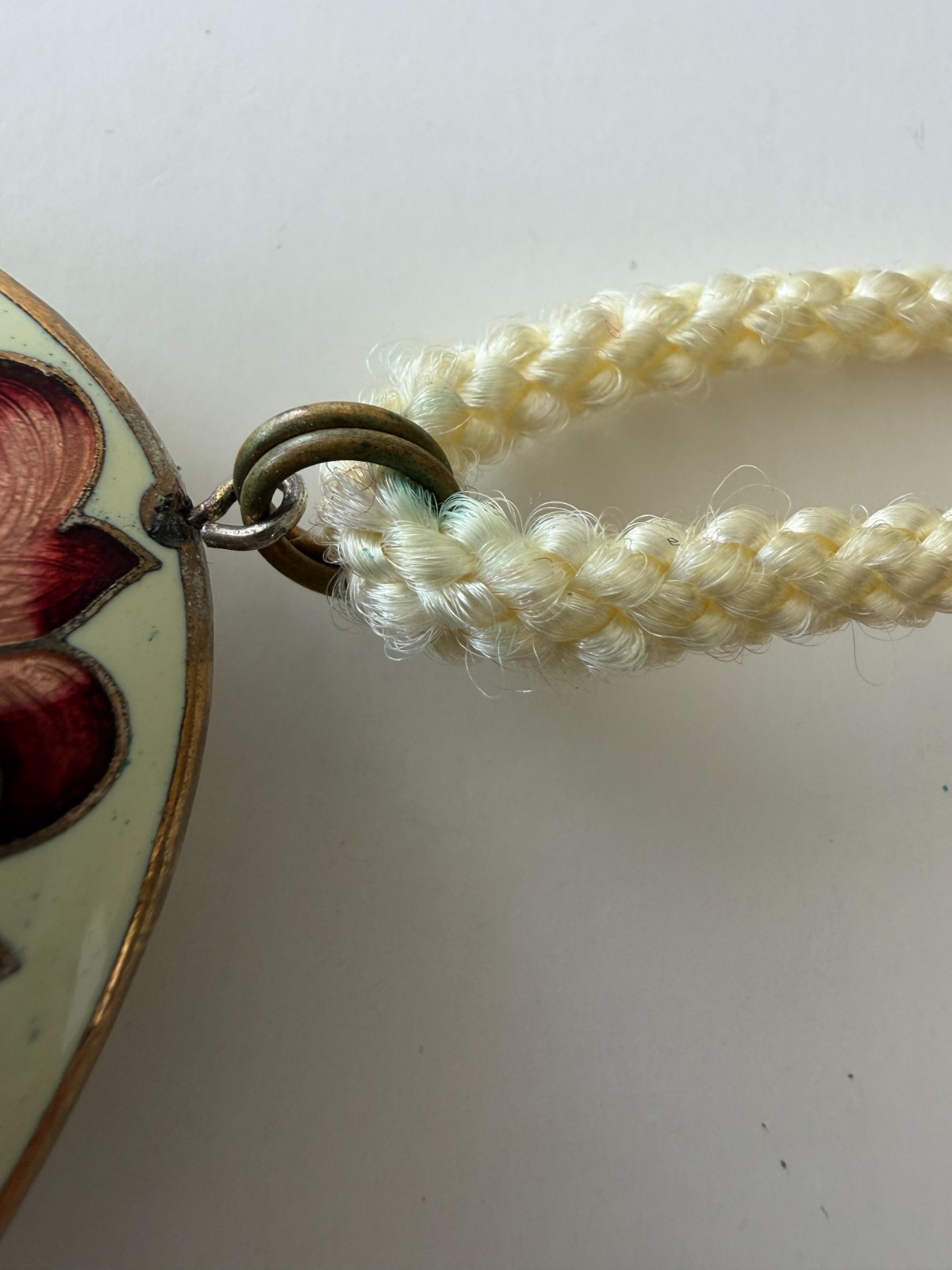Vintage Asian Cloisonné Fish & Floral Tassel Pendent On Cream cord Necklace 30”