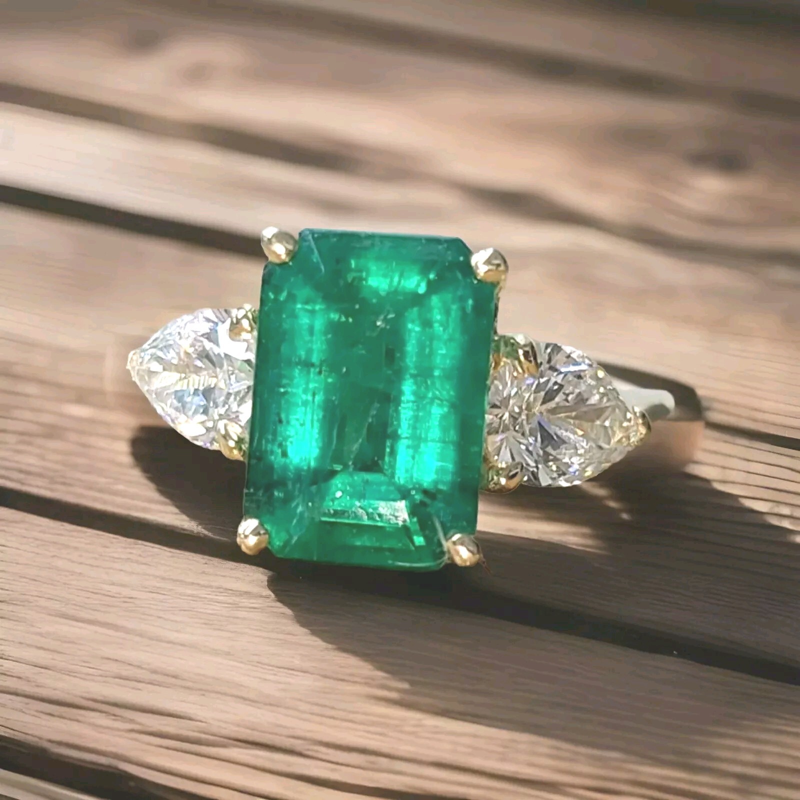 14k Yellow Engagement Ring 4.37ct. Natural Green Emerald Rectangular Shape