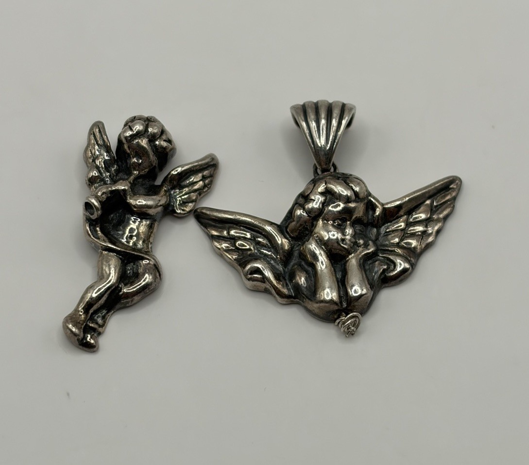 2 Vintage Sterling Silver cherub Pendants – 925 Angel Charm