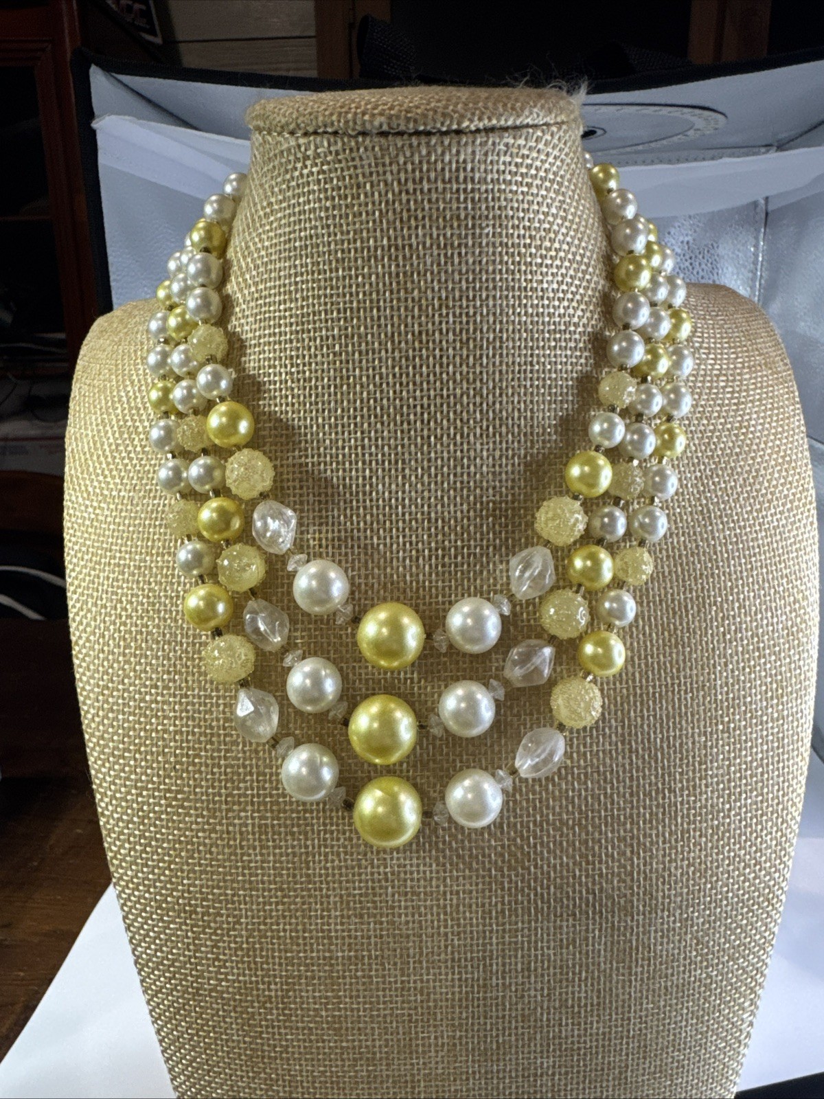 Vintage Signed Japan Triple Strand Yellow & White Beaded Costume Necklace