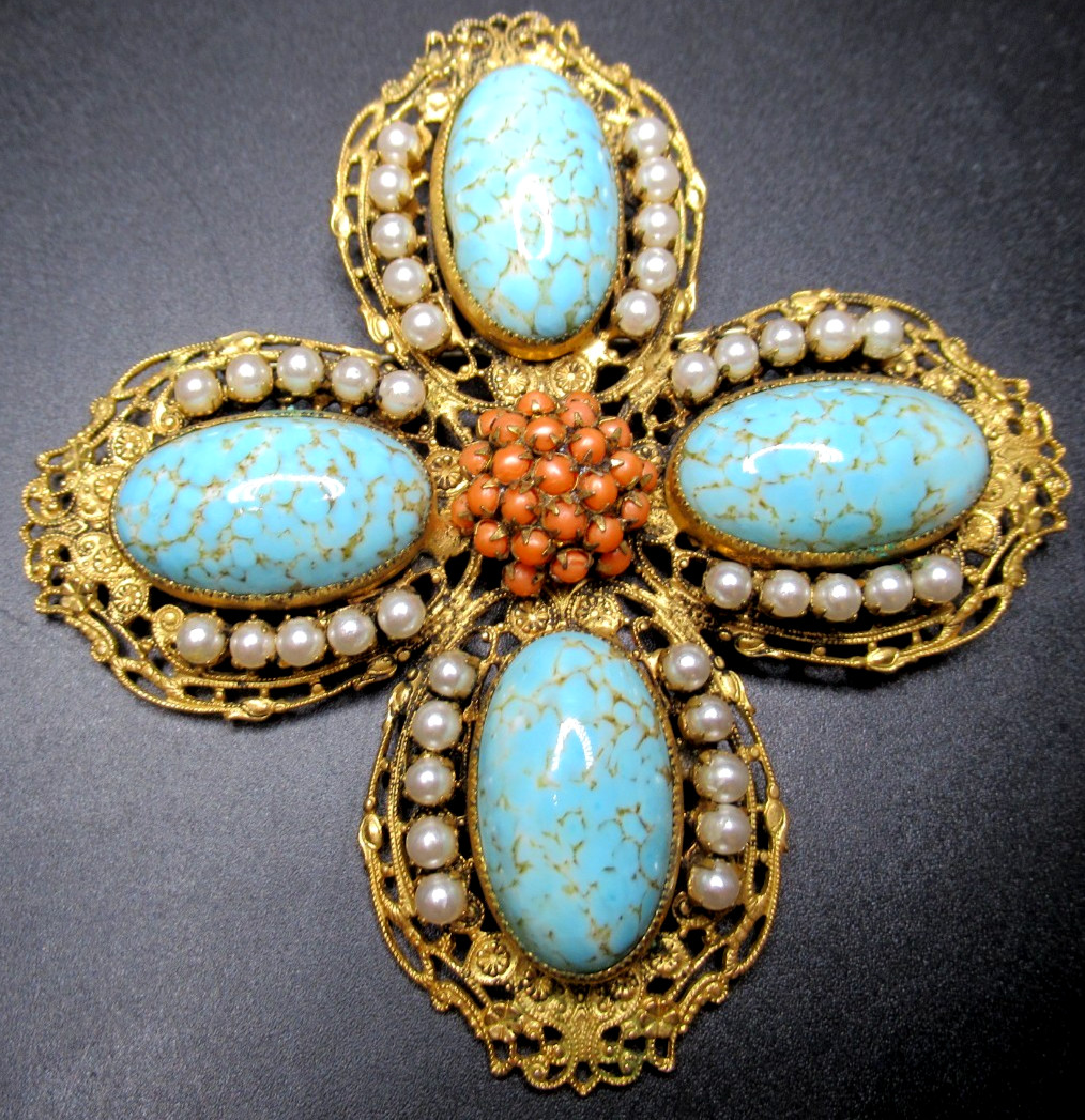 SCHREINER Amazing Turquoise Blue Faux Coral & Pearl Cross Vintage Pin Pendant