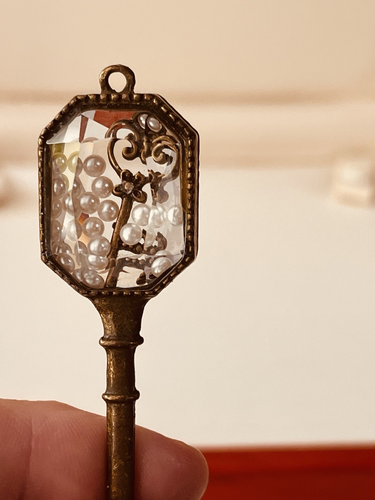 Vintage Key Charm Pendant Faceted Crystal Faux Pearl Shadow Box Victorian Style