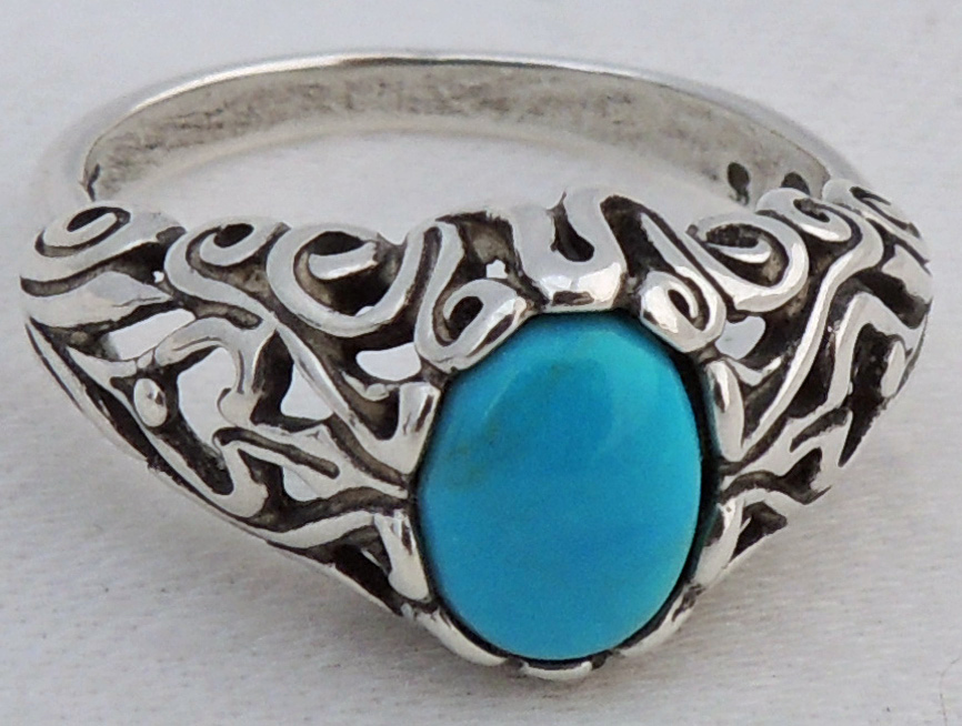 BEAUTIFUL ESTATE STERLING SILVER TURQUOISE SCROLL DESIGN RING SIZE 8