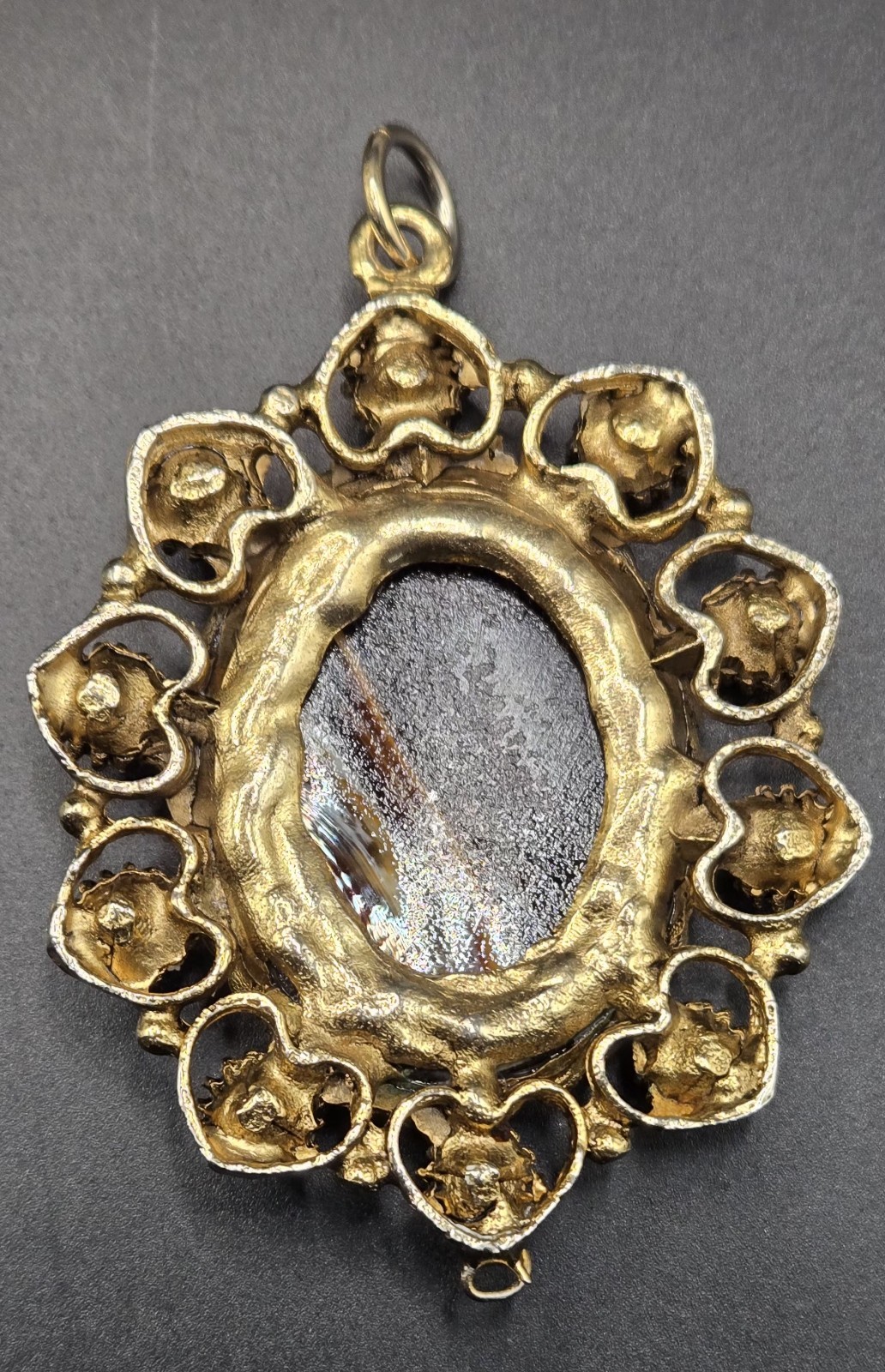 Vintage Ornate Gold Tone Oval Pendant Brown Black Stone Decorative Accents
