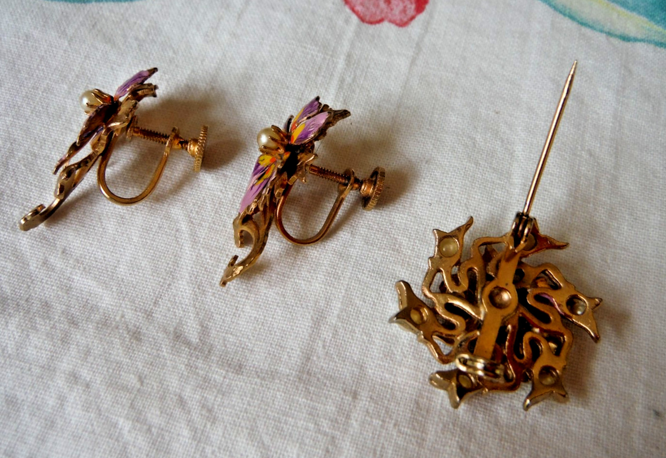 Vintage Set of Enamel Lavender Flower Pin Brooch & Earrings Seed Pearls