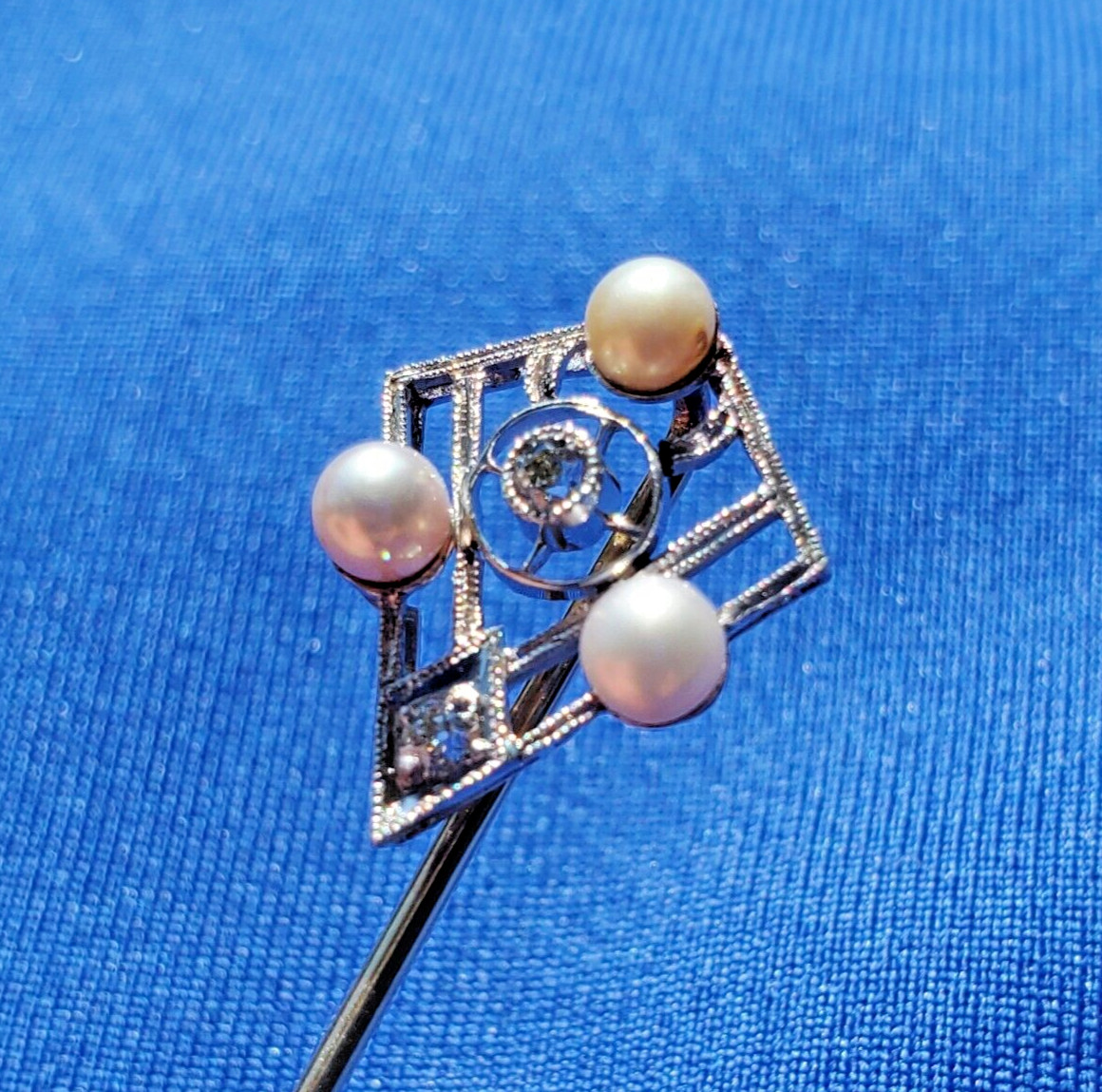 Original EARTH MINED DIAMOND Deco Gatsby era Pin Vintage Pearl 14K WHITE GOLD