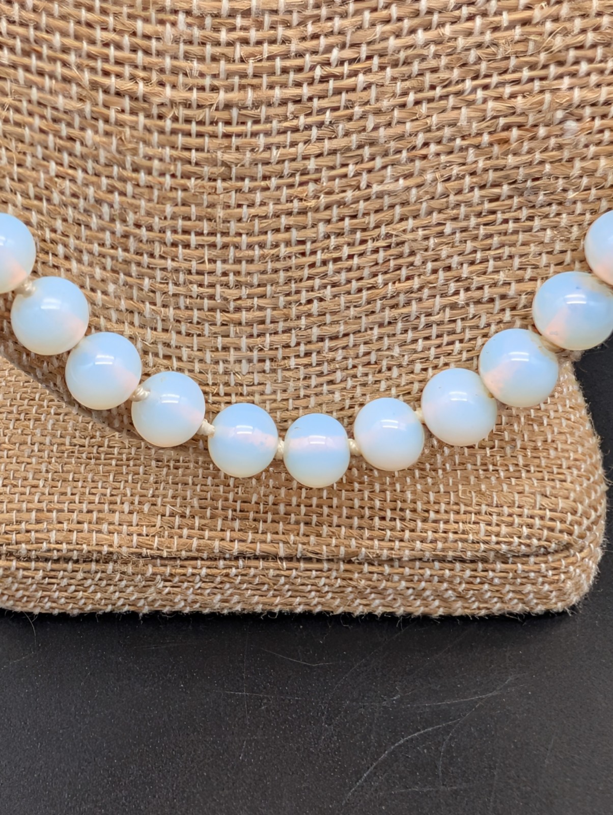 VINTAGE OPALITE OR OPALINE OPALESCENT GLASS BEAD NECKLACE HAND KNOTTED 23″