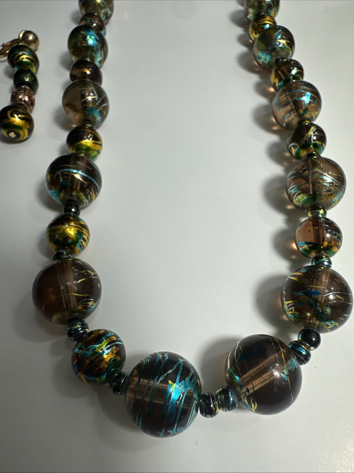 Vintage Iridescent Glass Bead Necklace Brown Green Matching Earrings